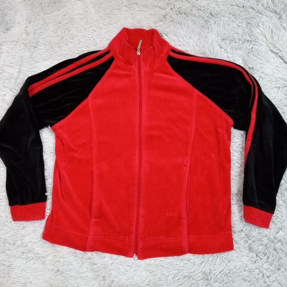 Oleg Cassini Sport Womens Track Jacket Red ‎ M Velour Pockets Zip Up Stripes